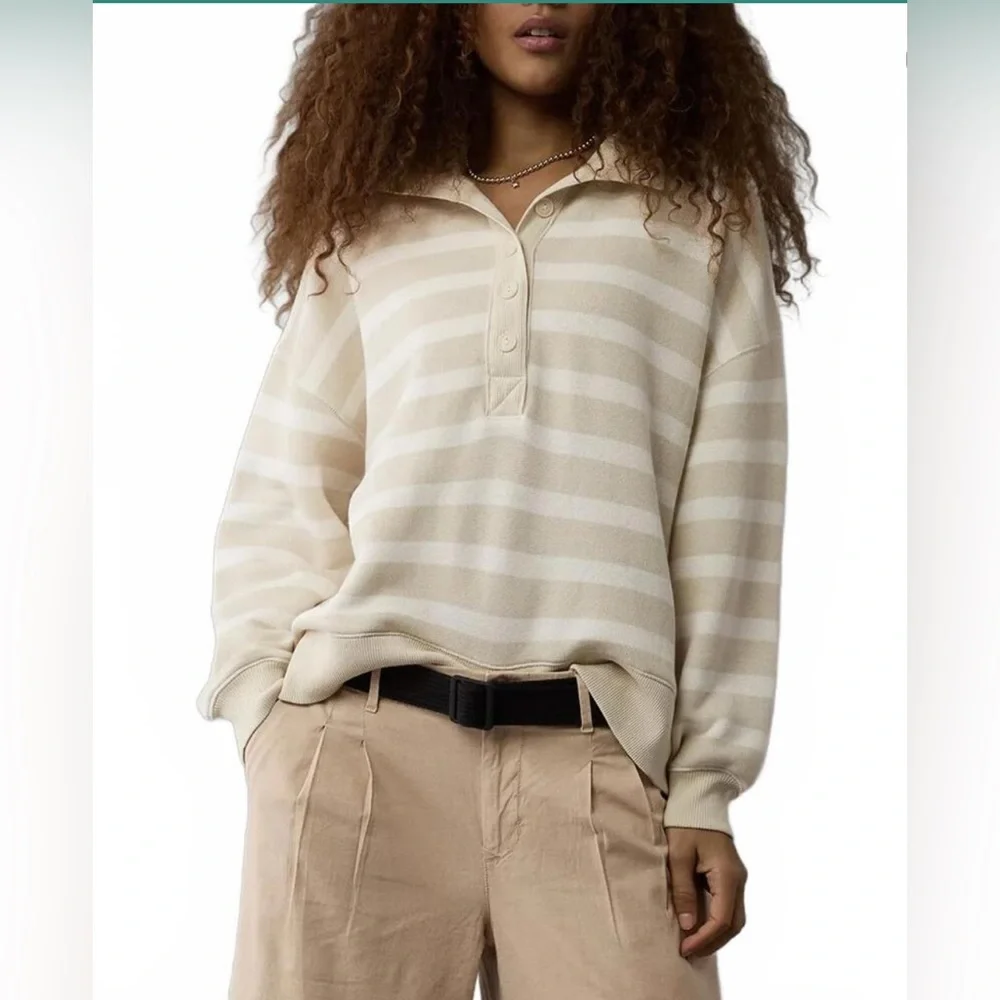 AE Big Hug Henley Sweatshirt American Eagle Beige Stripes NWT - Picture 3 of 6